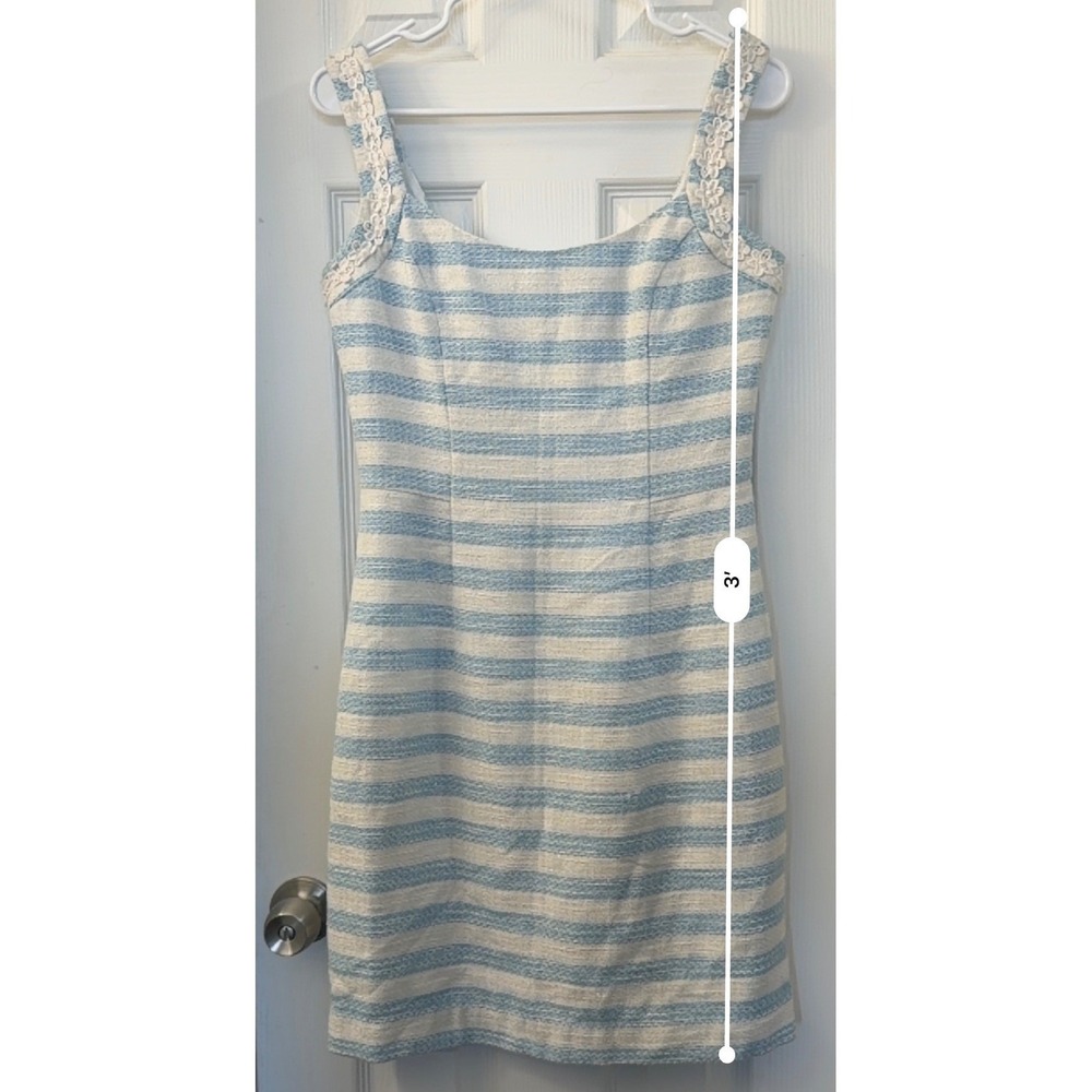 Lilly Pulitzer Blue White Striped Tweed Shift Dress Metallic Floral Lace Size 6 - Picture 6 of 7